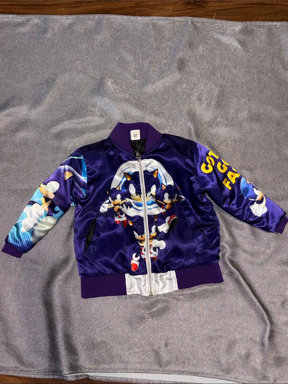 Custom Sonic Themed Purple Satin Bomber Jacket size 2/3T